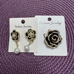 Black and Gold Rose Earrings and Brooch!